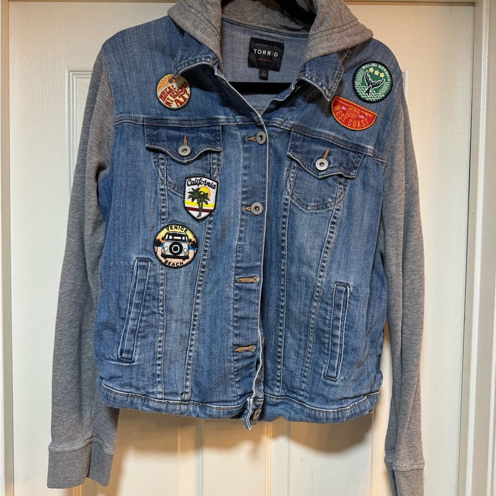 Torrid Blue Denim Jacket with Gray Hood